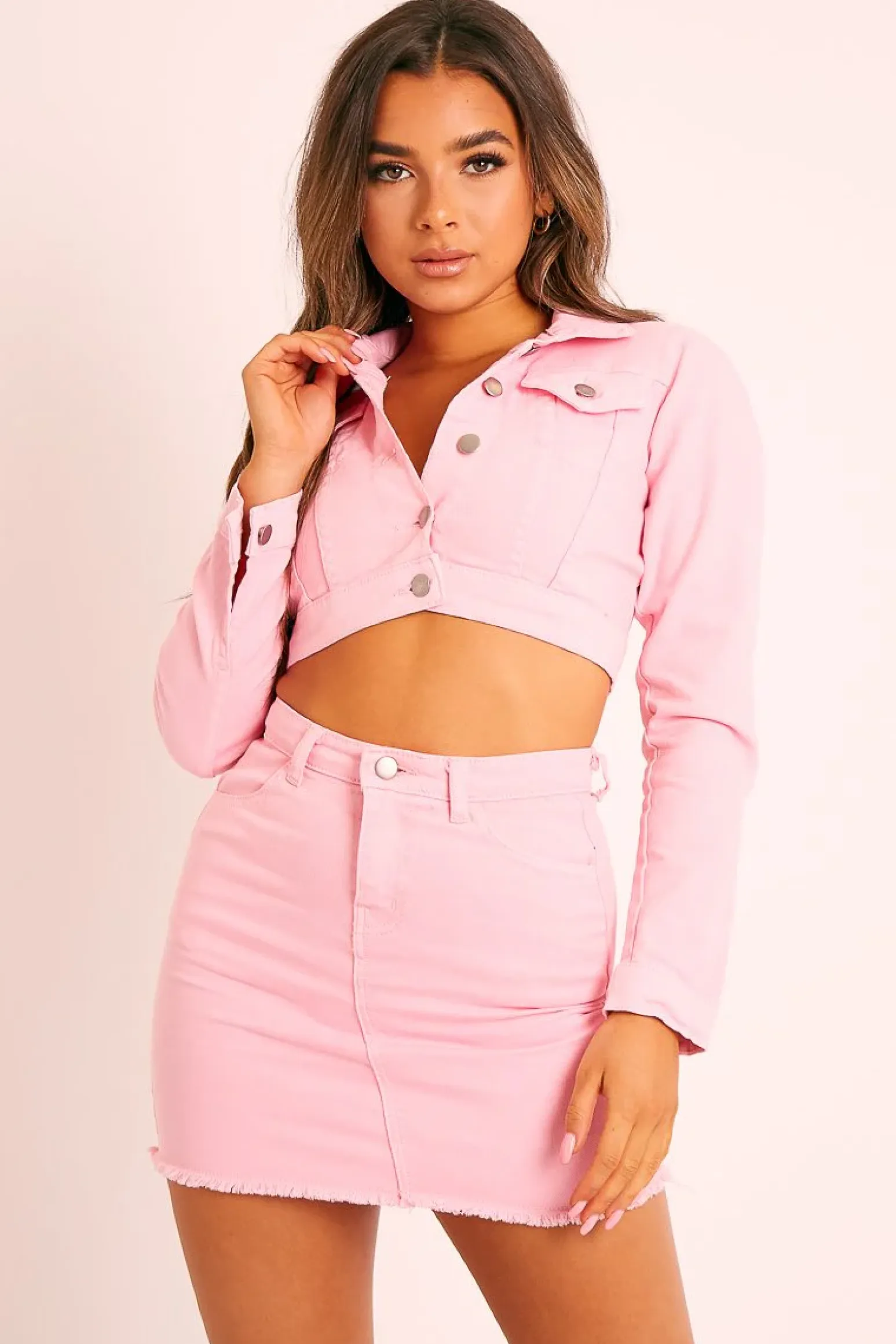 Rebellious Fashion Pink Denim Jacket and Skirt Co-ord - Kaiden