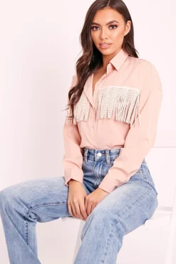 Rebellious Fashion Pink Diamante Fringe Shirt - Haidee