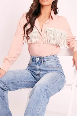 Rebellious Fashion Pink Diamante Fringe Shirt - Haidee