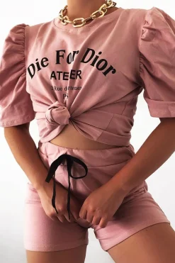 Rebellious Fashion Pink Die For Dior T-shirt and Shorts Loungewear Co-ord - Kaelie