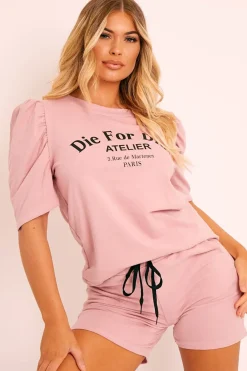 Rebellious Fashion Pink Die For Dior T-shirt and Shorts Loungewear Co-ord - Kaelie