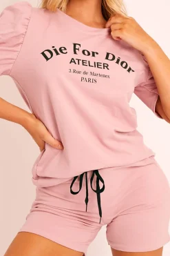 Rebellious Fashion Pink Die For Dior T-shirt and Shorts Loungewear Co-ord - Kaelie