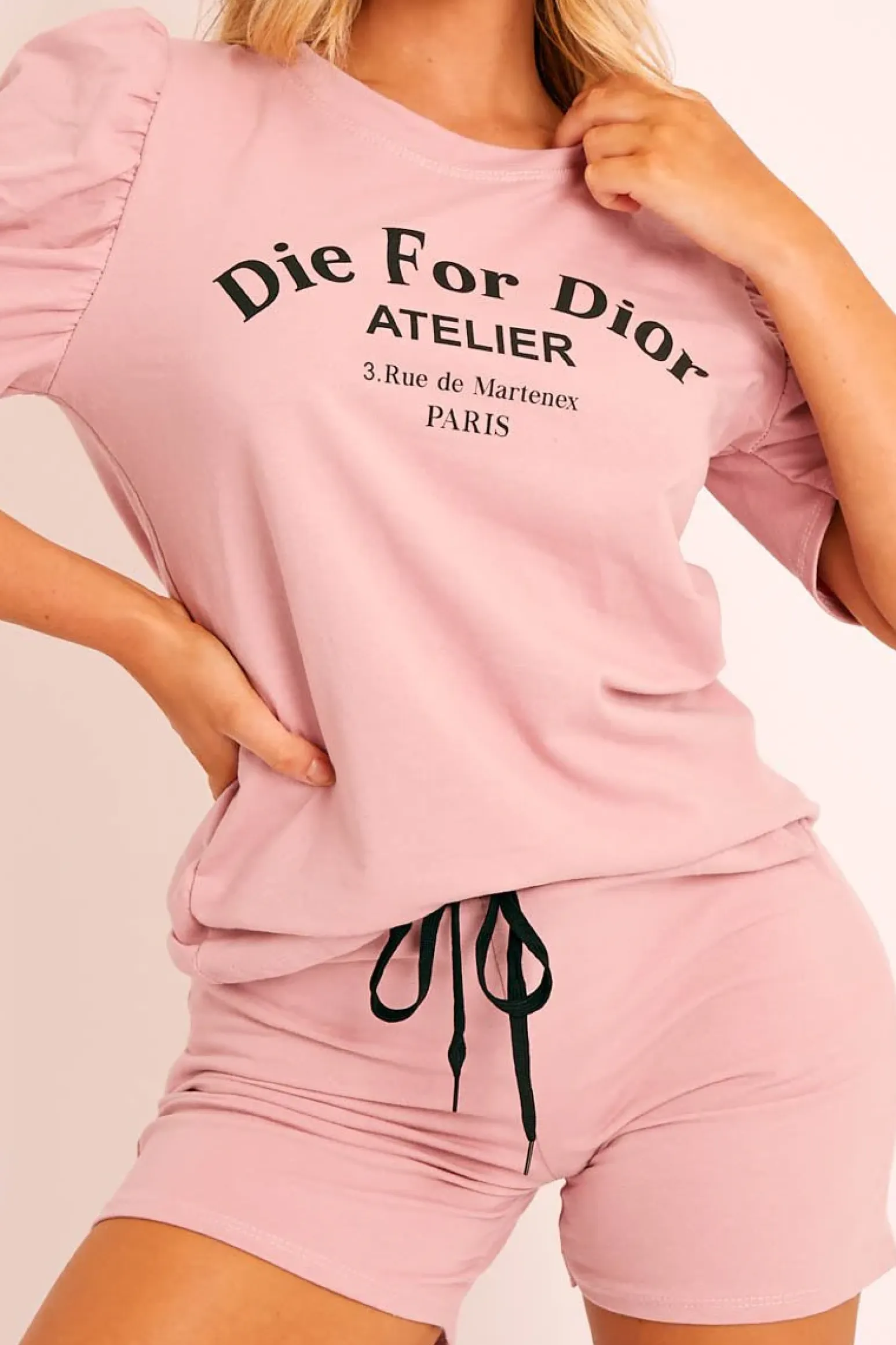 Rebellious Fashion Pink Die For Dior T-shirt and Shorts Loungewear Co-ord - Kaelie