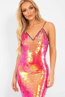 Rebellious Fashion Pink Disc Sequin Plunge Mini Dress - Tierra