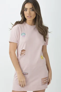 Rebellious Fashion Pink Distressed Badge Detail T Shirt Dress - Kalani