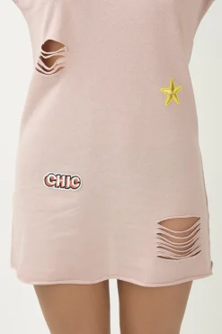 Rebellious Fashion Pink Distressed Badge Detail T Shirt Dress - Kalani