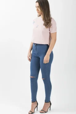 Rebellious Fashion Pink Distressed Badge Detail Crop Top - Toni