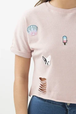 Rebellious Fashion Pink Distressed Badge Detail Crop Top - Toni