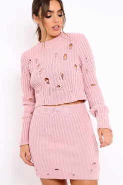 Rebellious Fashion Pink Distressed Cable Knit Co-ord - Dayla