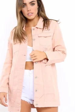 Rebellious Fashion Pink Distressed Denim Jacket - Saima