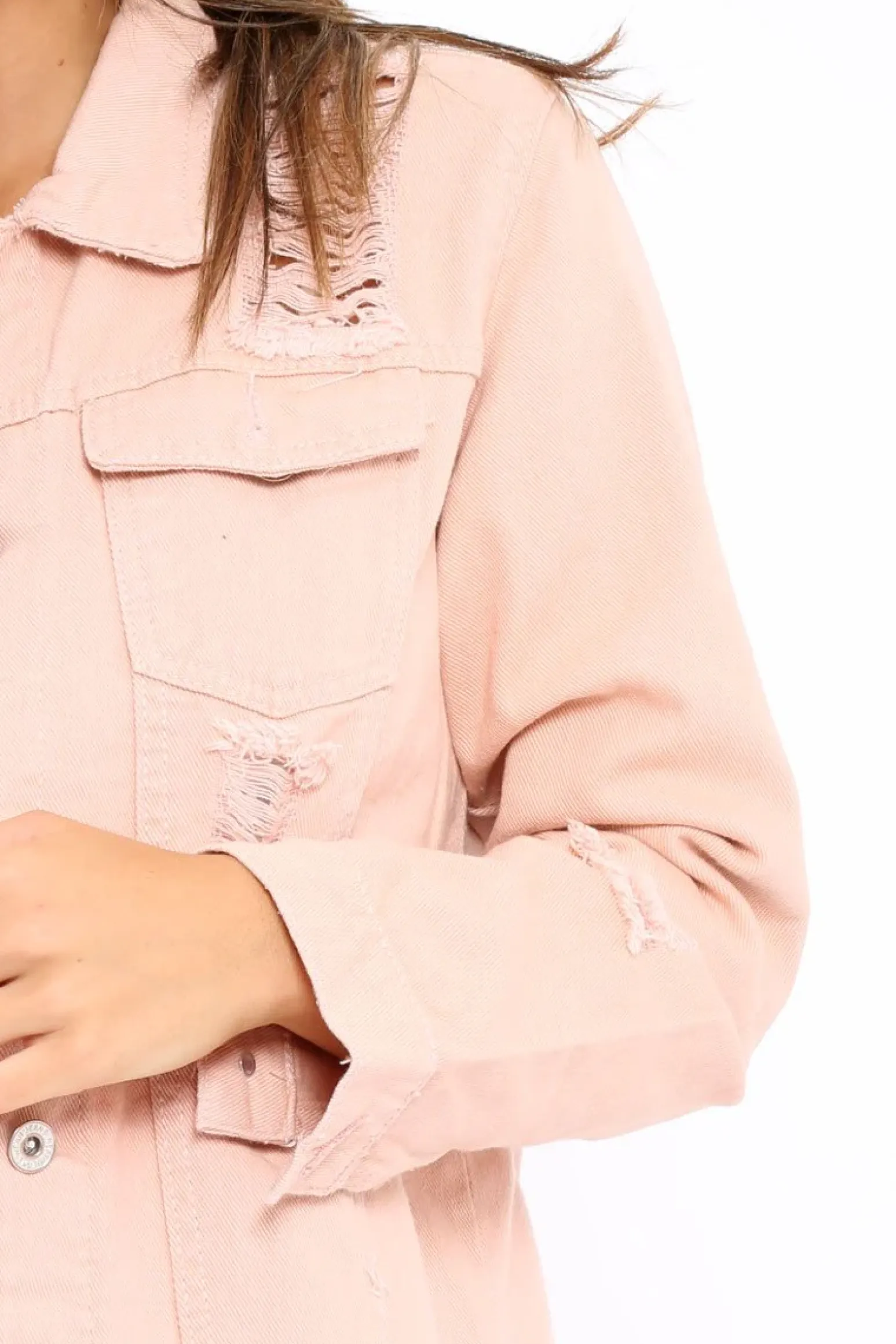 Rebellious Fashion Pink Distressed Denim Jacket - Saima