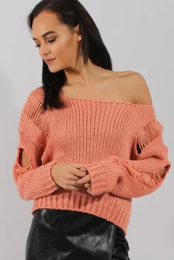 Rebellious Fashion Pink Distressed Detail Knitted Jumper - Lollie