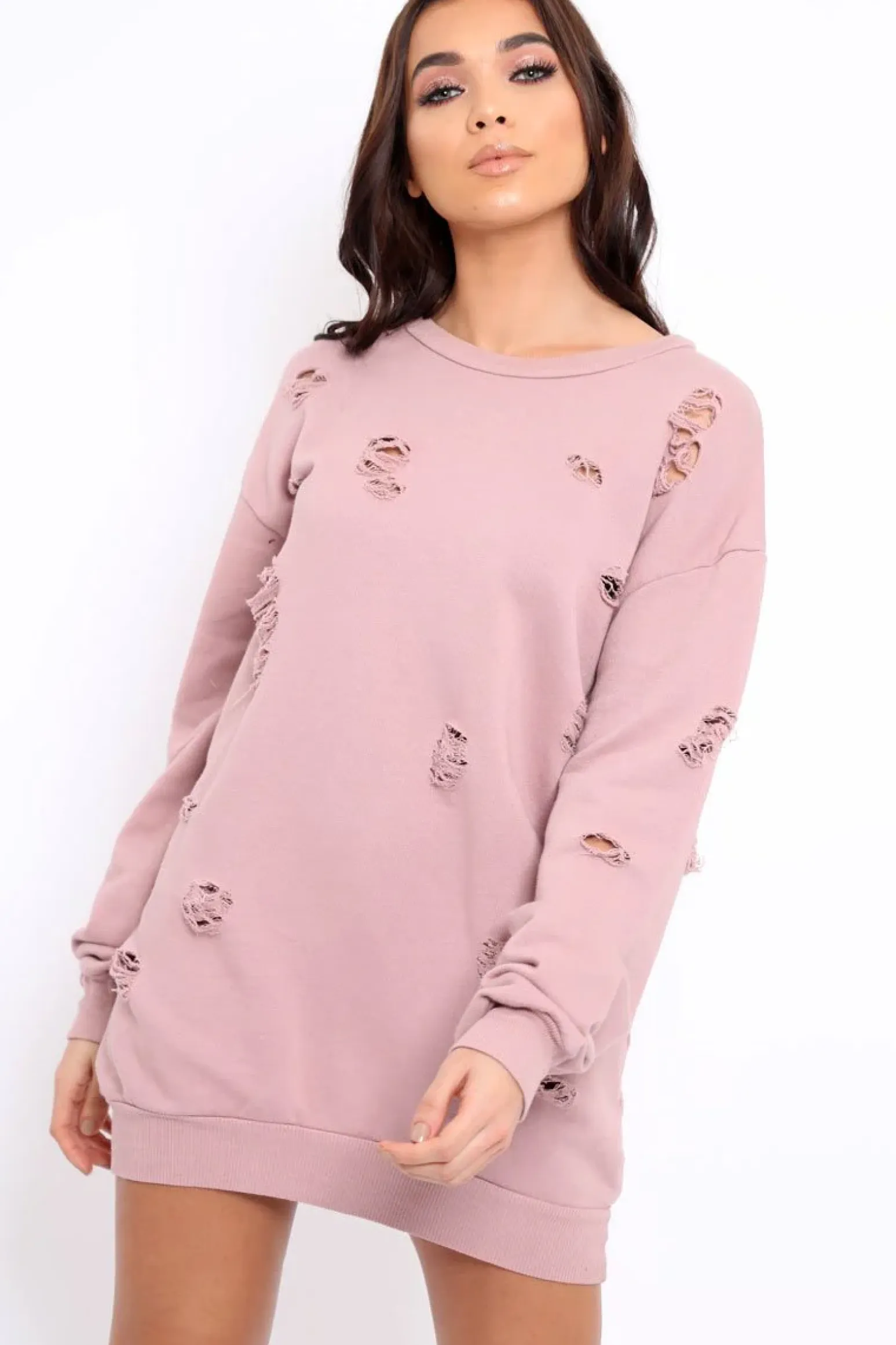 Rebellious Fashion Pink Distressed Detail Sweatshirt Jumper Dress - Ivy