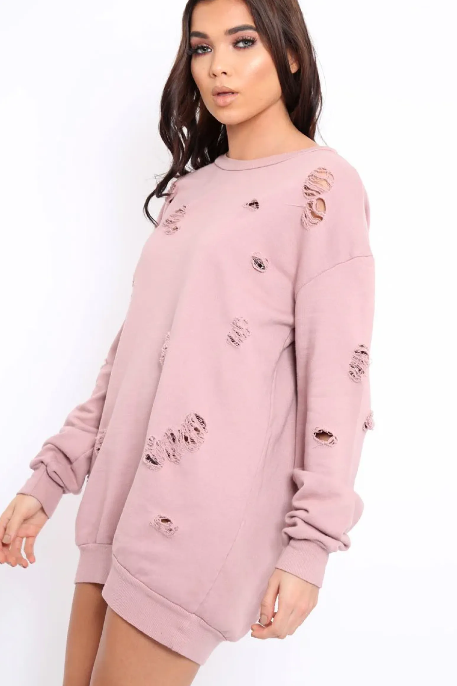 Rebellious Fashion Pink Distressed Detail Sweatshirt Jumper Dress - Ivy