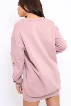 Rebellious Fashion Pink Distressed Detail Sweatshirt Jumper Dress - Ivy