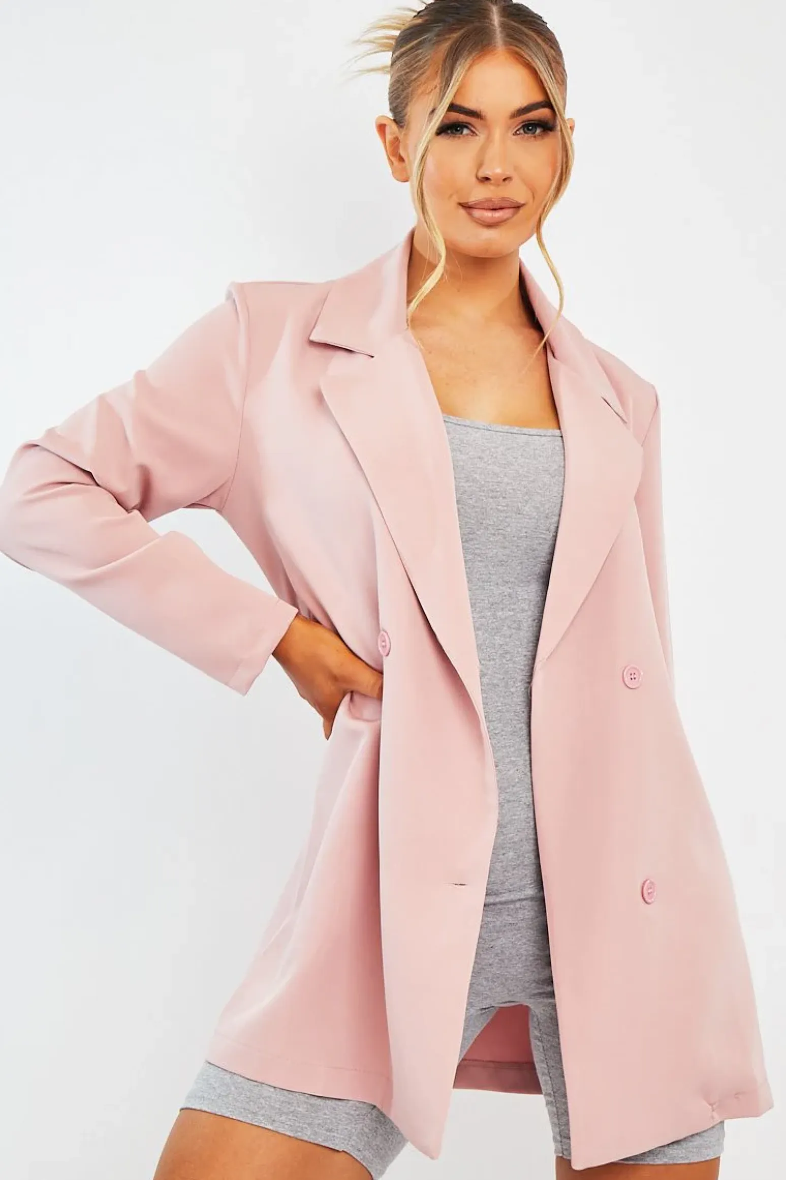 Rebellious Fashion Pink Double Breasted Longline Blazer - Izelle