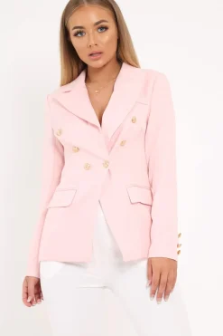 Rebellious Fashion Pink Double Gold Button Blazer - Meka