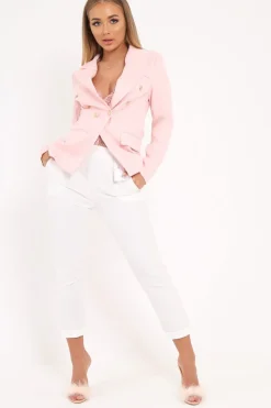 Rebellious Fashion Pink Double Gold Button Blazer - Meka