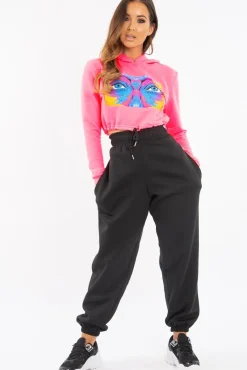 Rebellious Fashion Pink Elasticated Cropped Hoodie with Graphic Print - Montanna