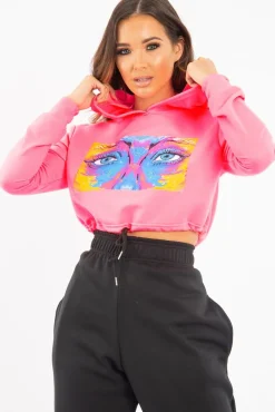 Rebellious Fashion Pink Elasticated Cropped Hoodie with Graphic Print - Montanna