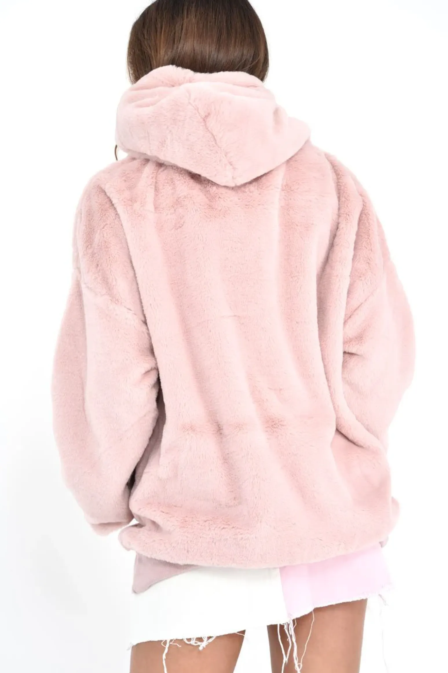Rebellious Fashion Pink Faux Fur Pocket Front Hoodie - Madi