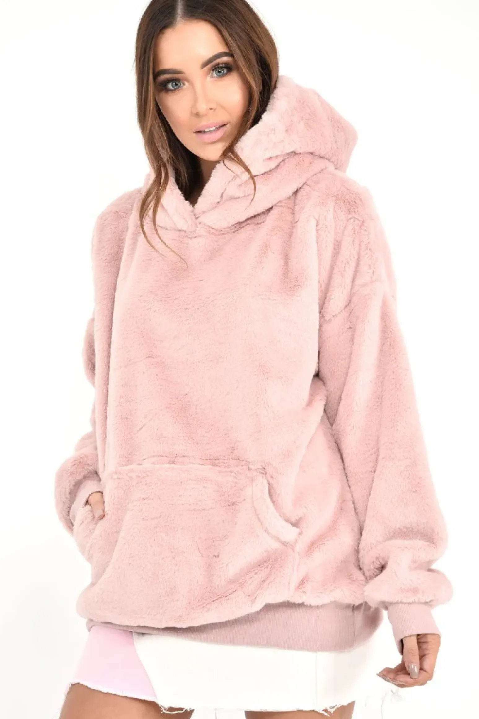 Rebellious Fashion Pink Faux Fur Pocket Front Hoodie - Madi