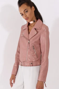 Rebellious Fashion Pink Faux Leather Biker Jacket - Dallas