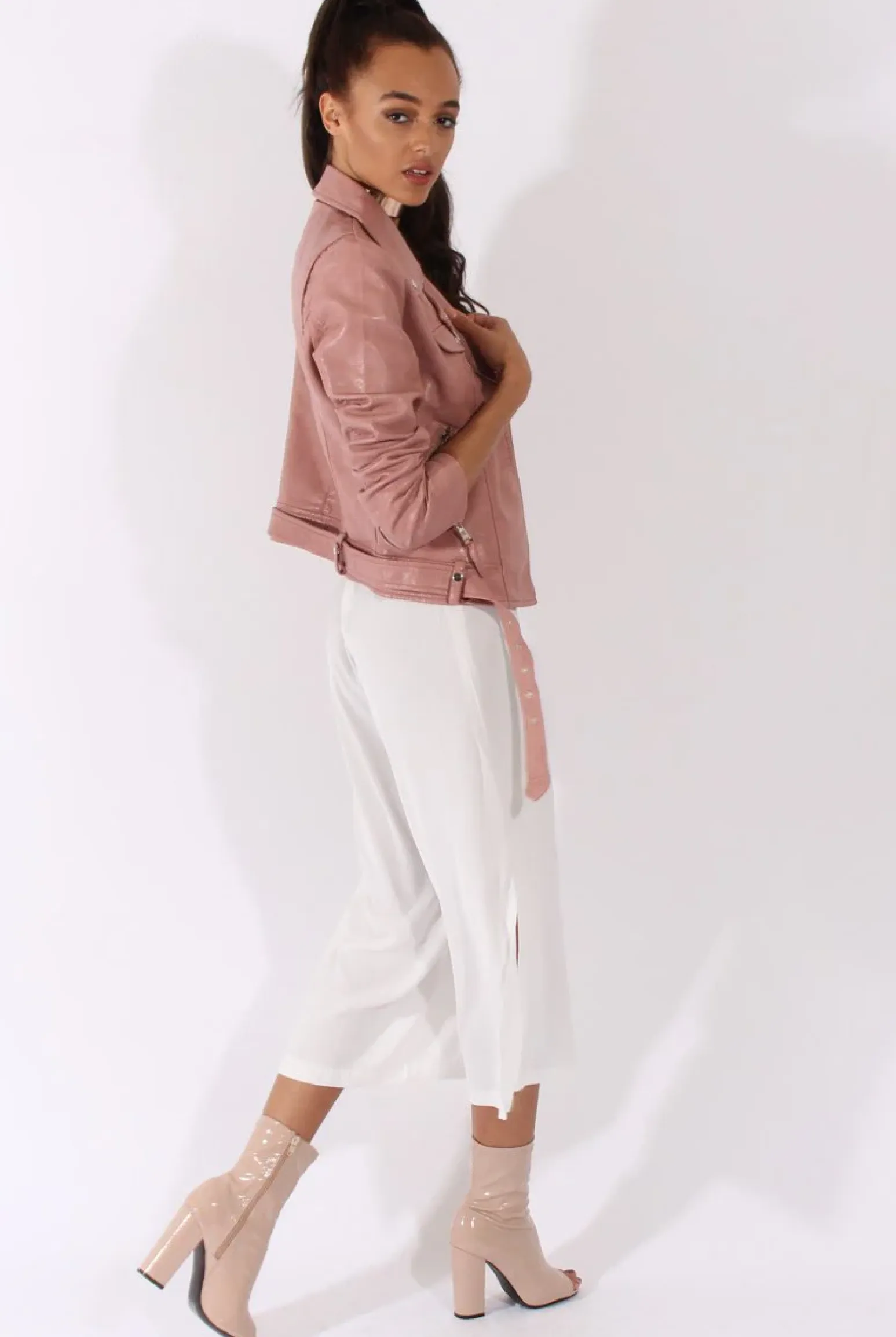 Rebellious Fashion Pink Faux Leather Biker Jacket - Dallas