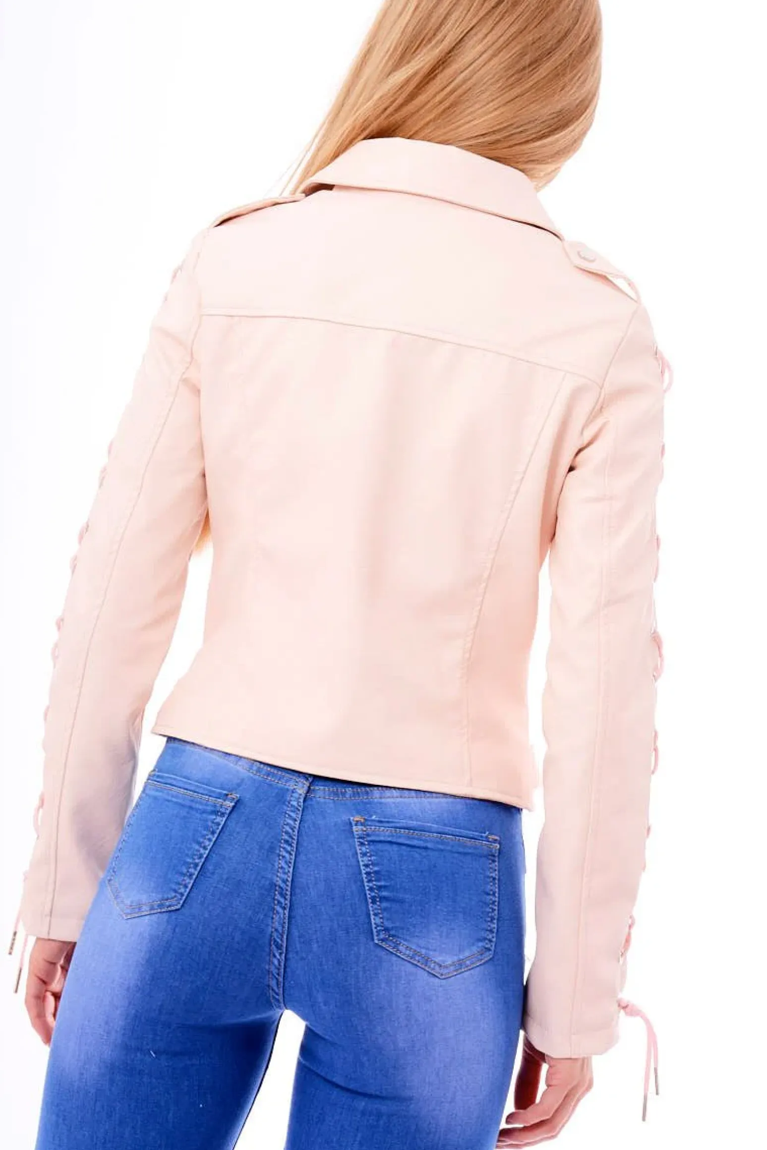 Rebellious Fashion Pink Faux Leather Lace Up Biker Jacket - Maisy