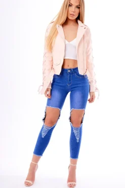 Rebellious Fashion Pink Faux Leather Lace Up Biker Jacket - Maisy