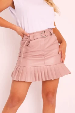 Rebellious Fashion Pink Faux Leather Pleated Belted Mini Skirt - Bex