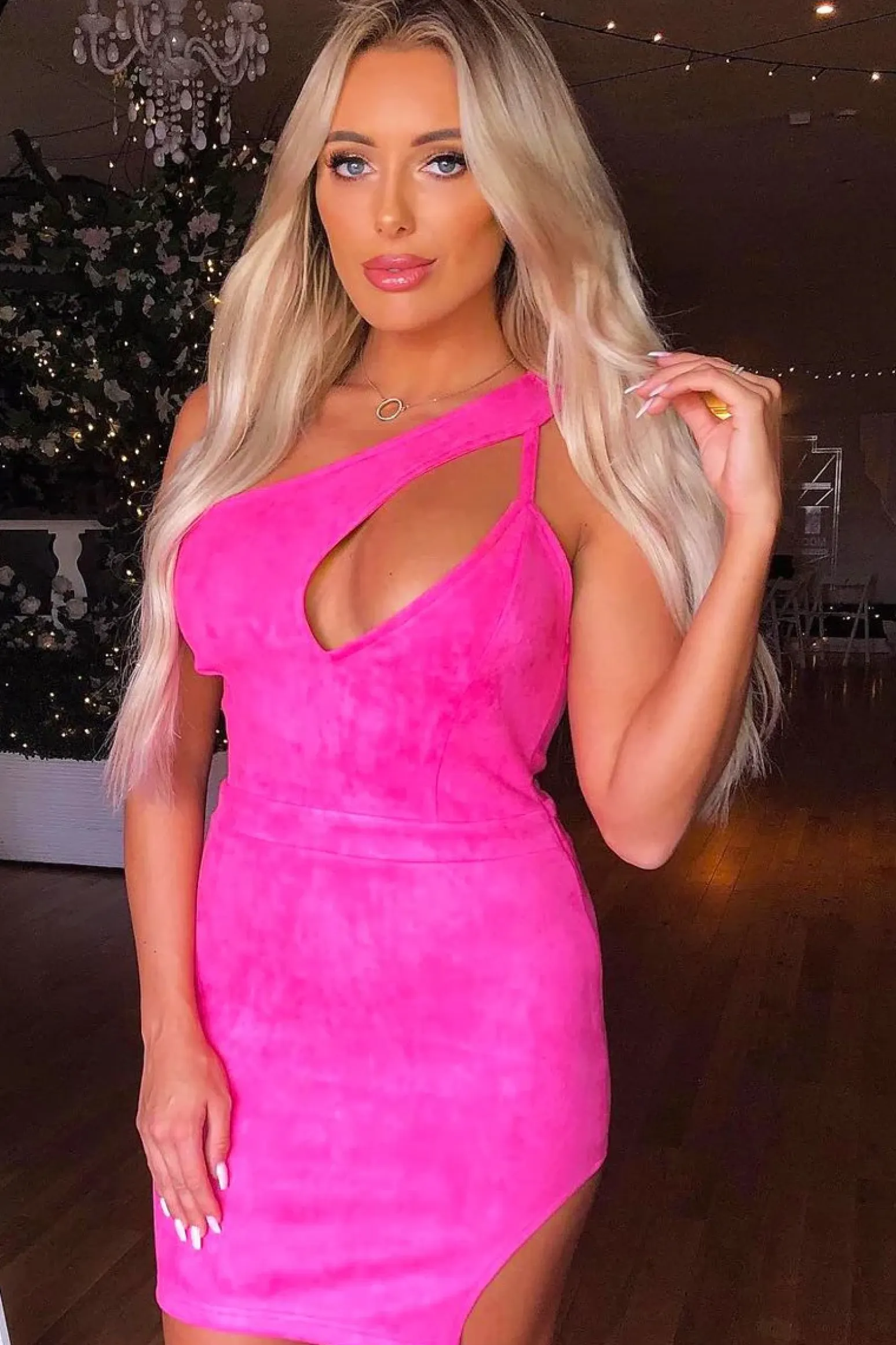 Rebellious Fashion Pink Faux Suede Cut Out One Shoulder Mini Dress - Leihla