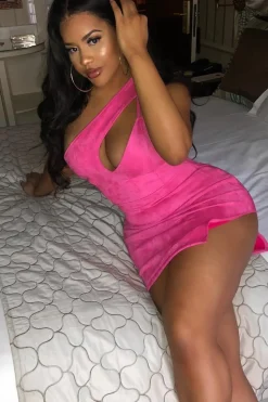 Rebellious Fashion Pink Faux Suede Cut Out One Shoulder Mini Dress - Leihla