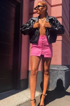 Rebellious Fashion Pink Faux Suede Lace Up Mini Skirt - Evelise
