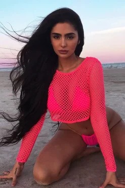 Rebellious Fashion Pink Fish Net Long Sleeved Crop Top - Ivory