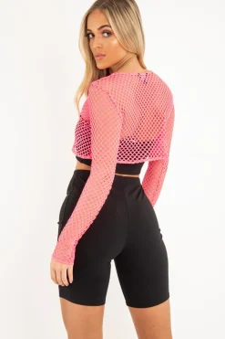 Rebellious Fashion Pink Fish Net Long Sleeved Crop Top - Ivory