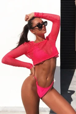 Rebellious Fashion Pink Fish Net Long Sleeved Crop Top - Ivory