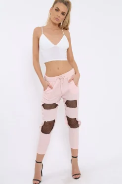 Rebellious Fashion Pink Fish Net Panel Detail Joggers - Mikaela