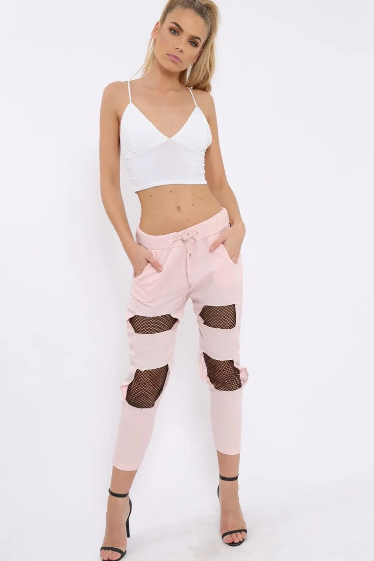 Rebellious Fashion Pink Fish Net Panel Detail Joggers - Mikaela