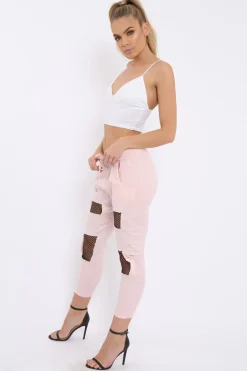 Rebellious Fashion Pink Fish Net Panel Detail Joggers - Mikaela