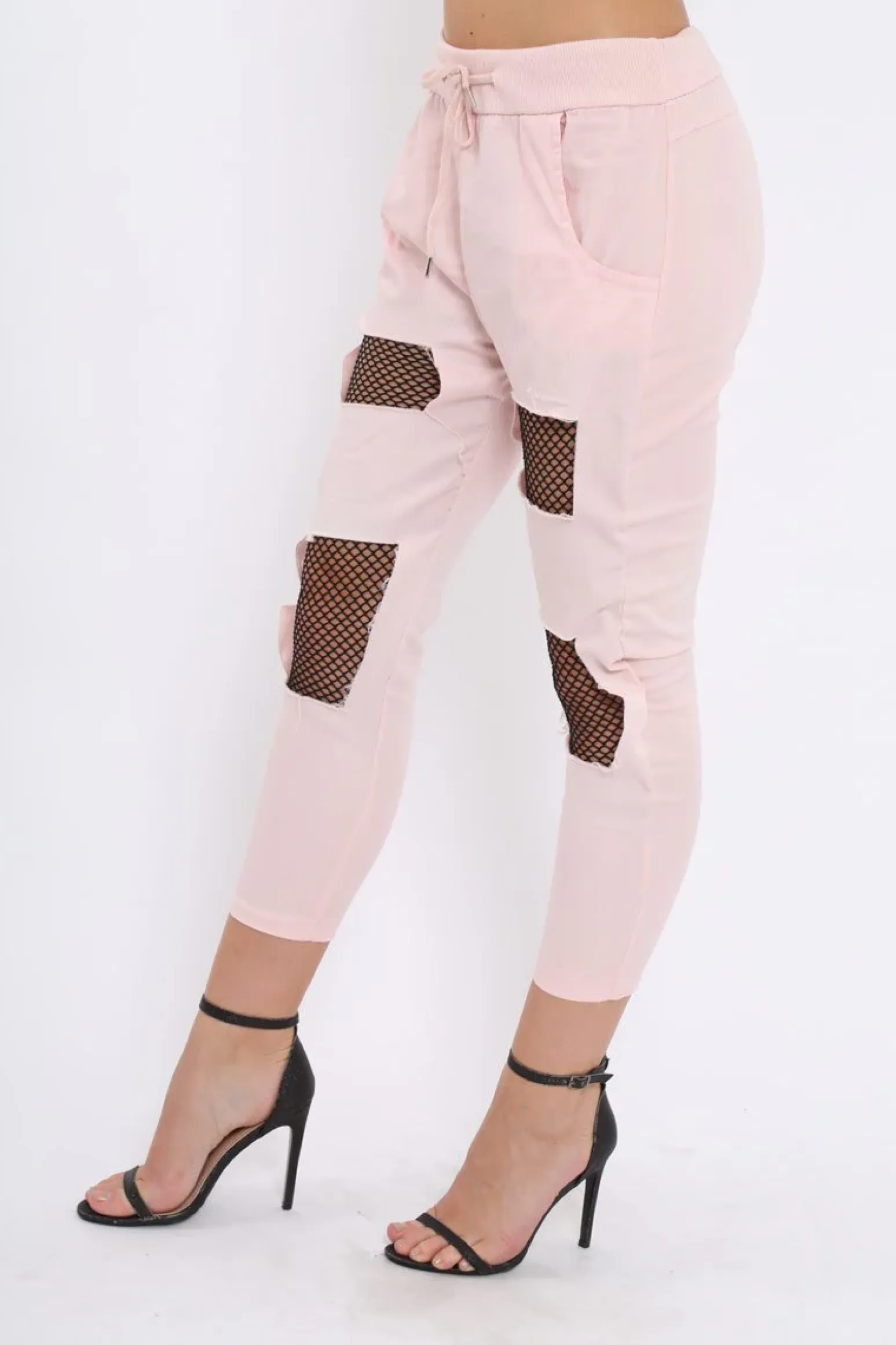Rebellious Fashion Pink Fish Net Panel Detail Joggers - Mikaela