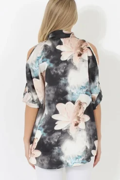 Rebellious Fashion Pink Floral Cold Shoulder Shirt - Cira