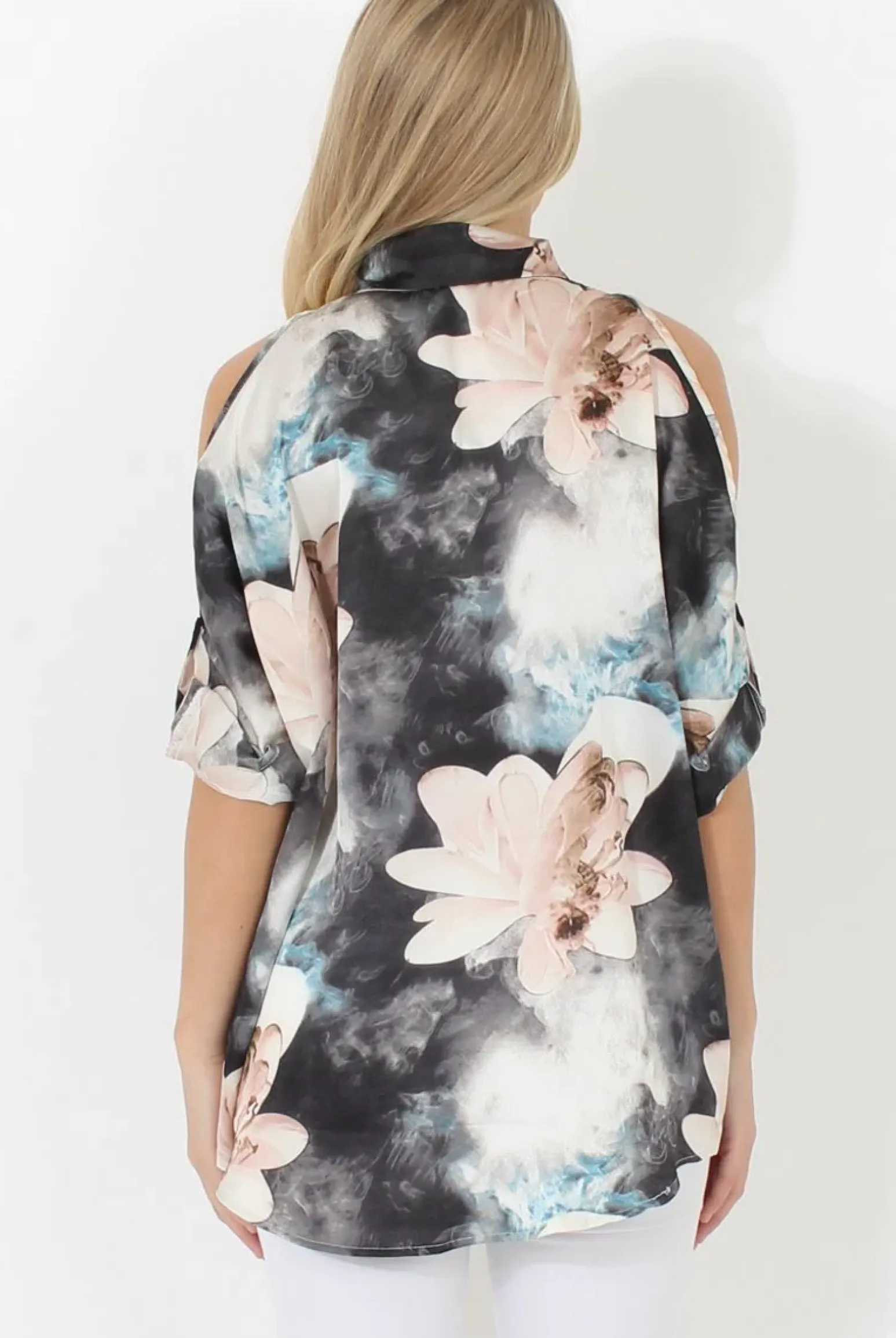 Rebellious Fashion Pink Floral Cold Shoulder Shirt - Cira