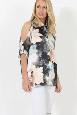 Rebellious Fashion Pink Floral Cold Shoulder Shirt - Cira