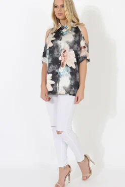 Rebellious Fashion Pink Floral Cold Shoulder Shirt - Cira