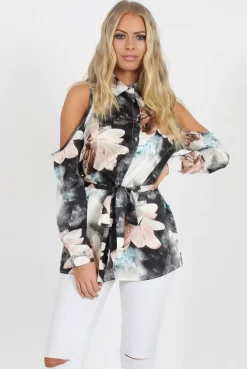 Rebellious Fashion Pink Floral Cold Should Tie Waist Shirt- Loren