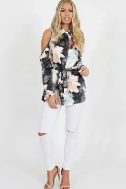 Rebellious Fashion Pink Floral Cold Should Tie Waist Shirt- Loren