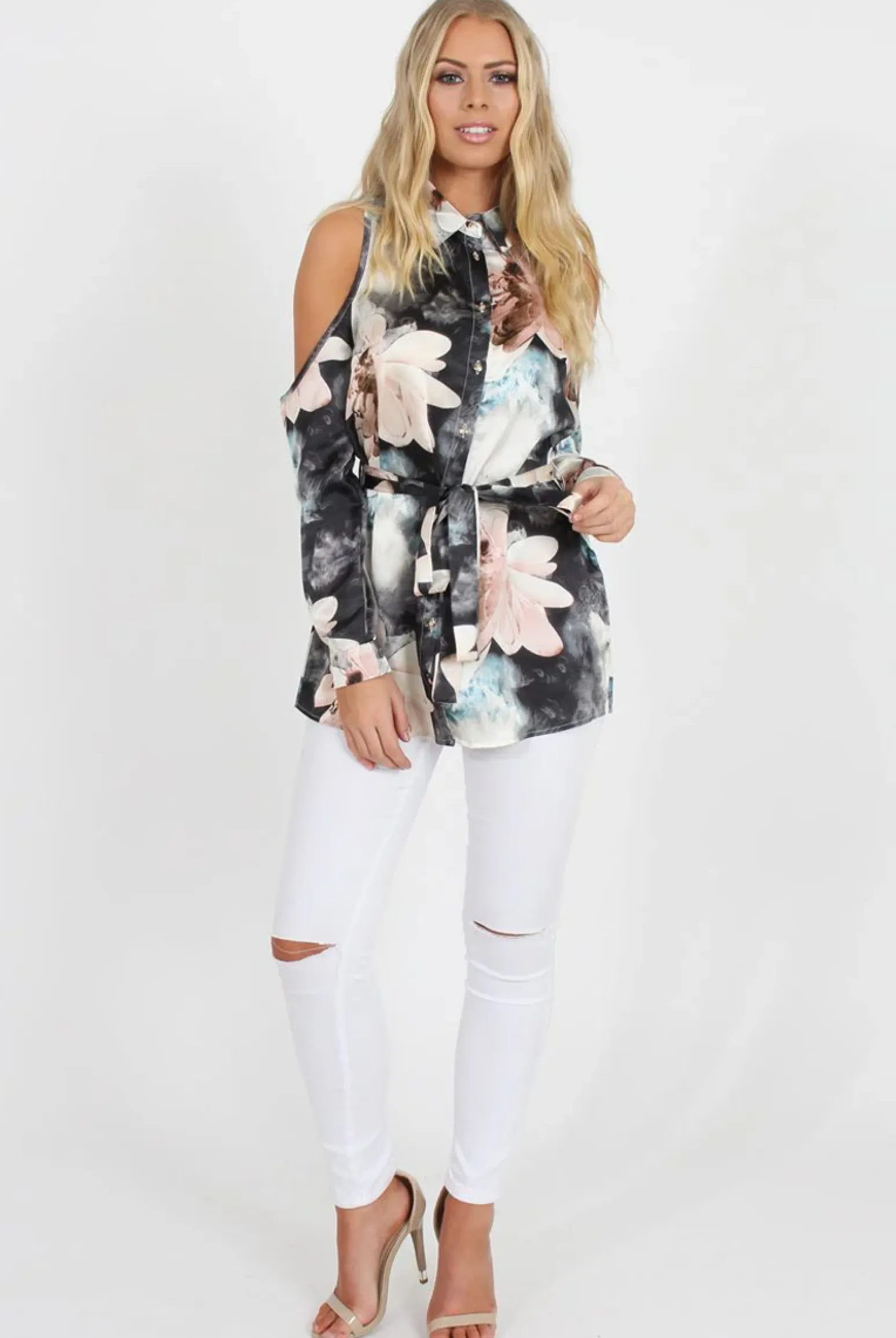 Rebellious Fashion Pink Floral Cold Should Tie Waist Shirt- Loren