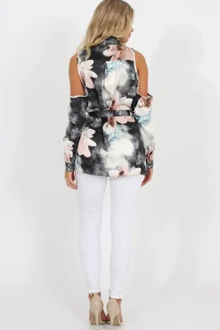 Rebellious Fashion Pink Floral Cold Should Tie Waist Shirt- Loren