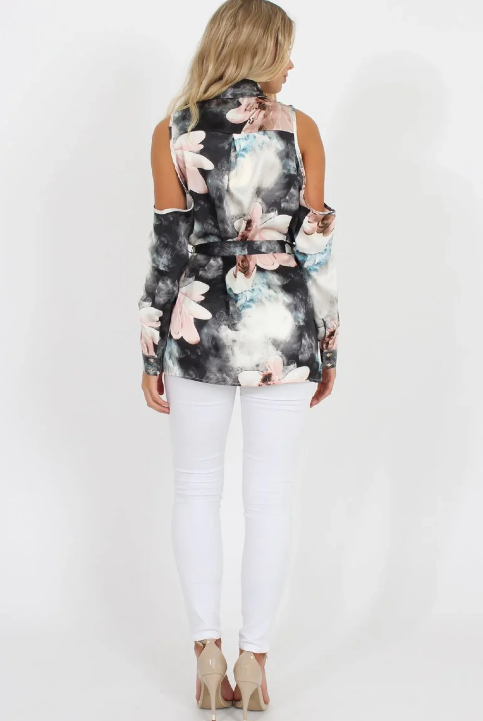 Rebellious Fashion Pink Floral Cold Should Tie Waist Shirt- Loren
